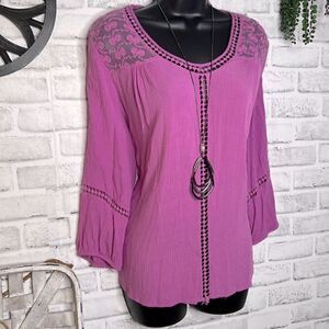gnw Magenta Boho Hippie Lace Embroidery Blouse Top Shirt Size Large